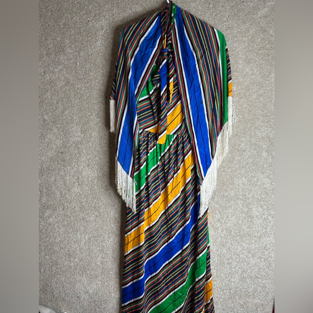 Vintage 60/70s striped maxi dress with fringed Shaw and belt sz 12 Huey Waltzer